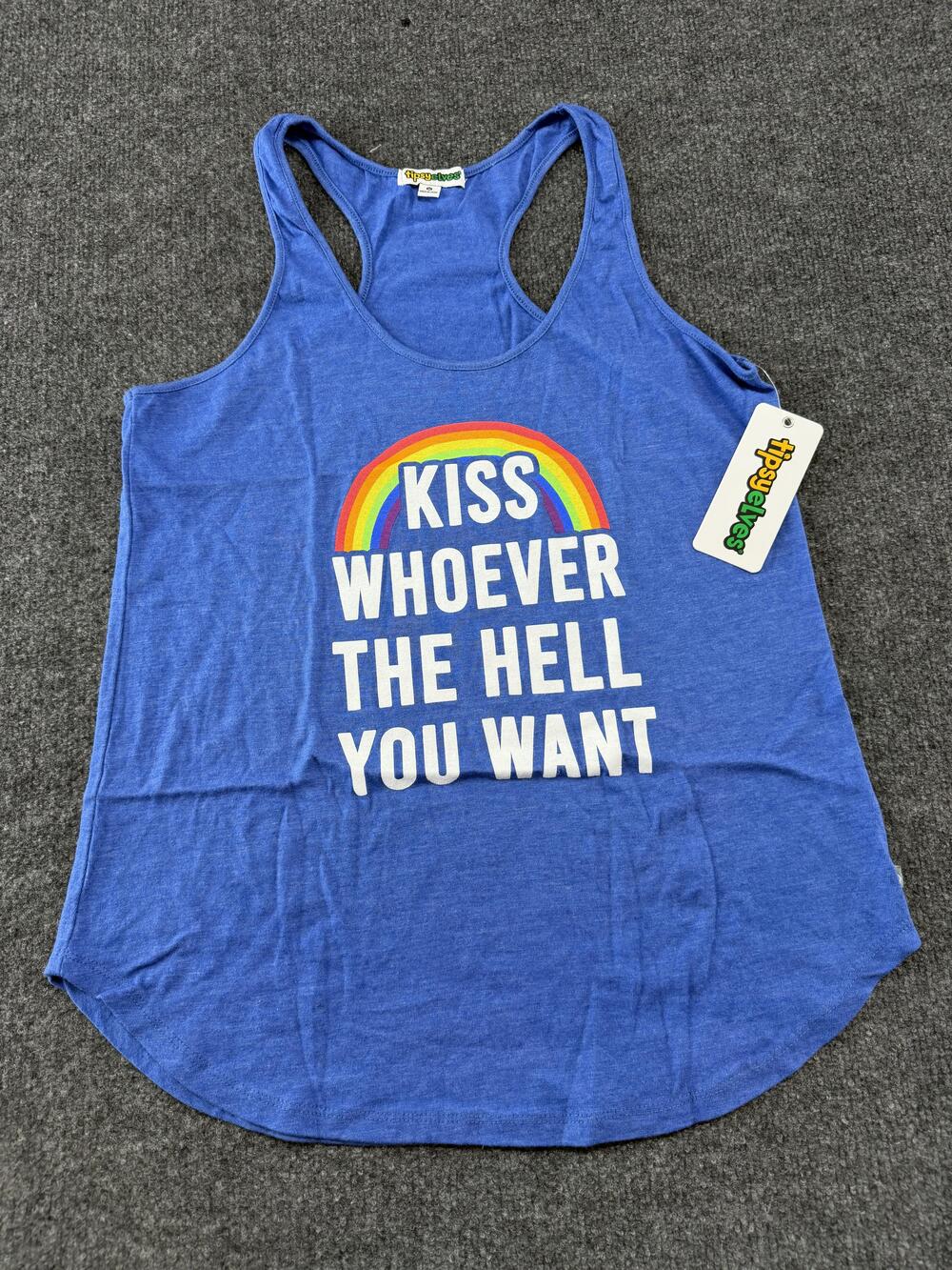 Tipsy Elves Tank Top Womens Medium Blue Kiss Whoever Graphic Rainbow Pride LGBTQ